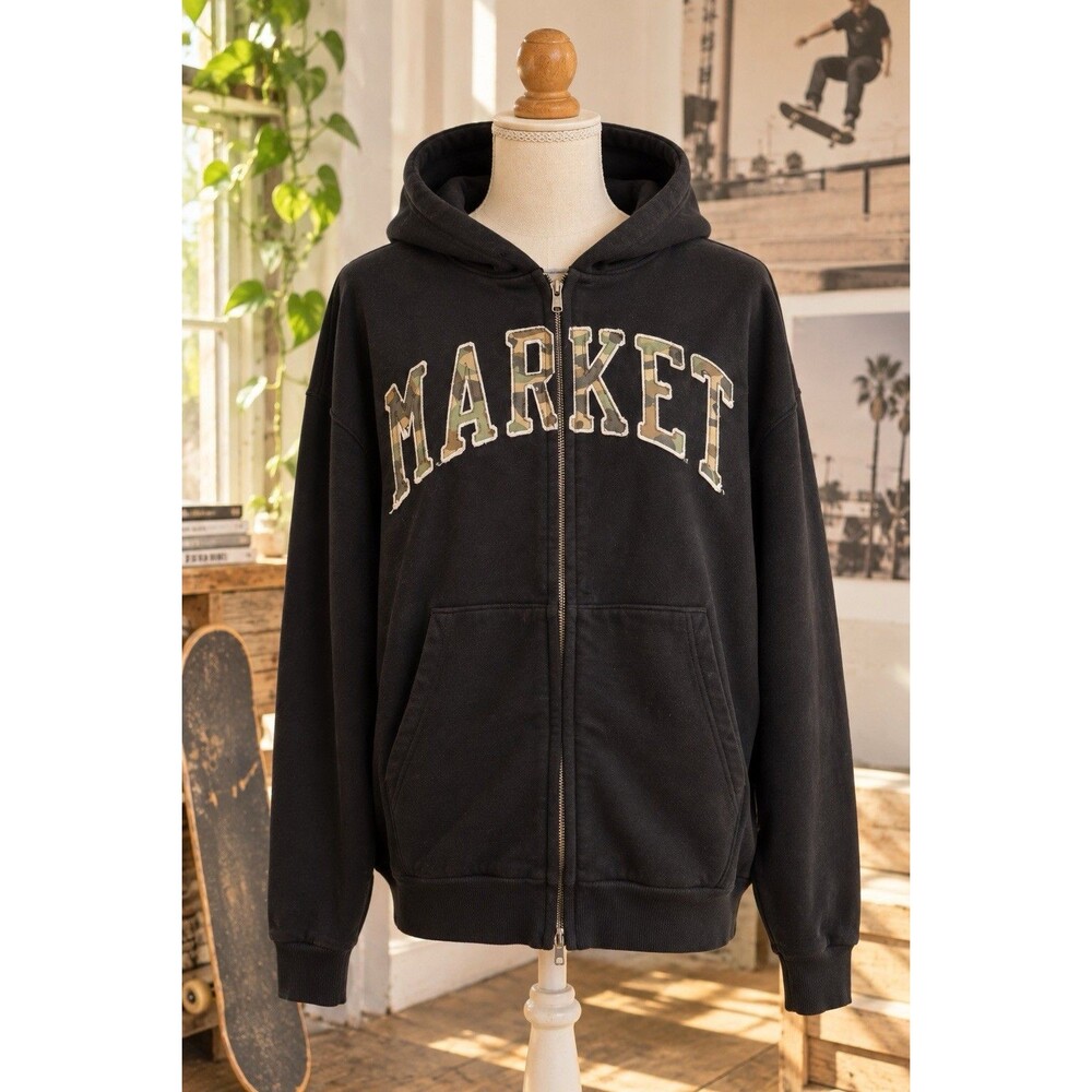MARKET Black Zip Up Hoodie Men’s Large Camo Applique Logo Streetwear Jacket